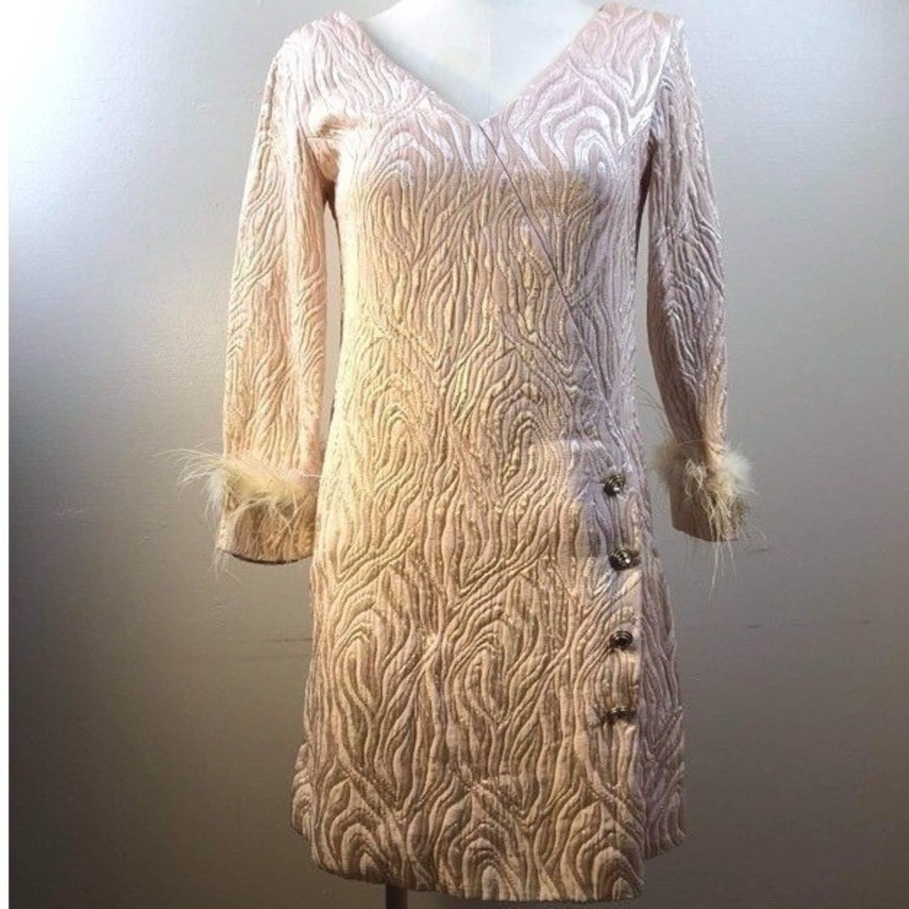 Vtg 60s Feather Cuff‎ Brocade MOD Mini Cocktail Dress Buttons Small MCM Madmen